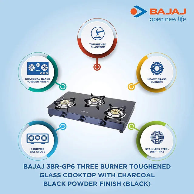 Bajaj Gas Stove Glass Top 3 Burners 3BJ GP6