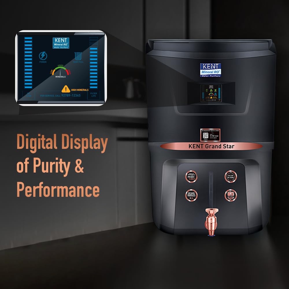 KENT Grand Star RO+UV+UF+TDS+Copper+Alkaline Water Purifier | 9L | 20 LPH | UV-in-Tank | Black