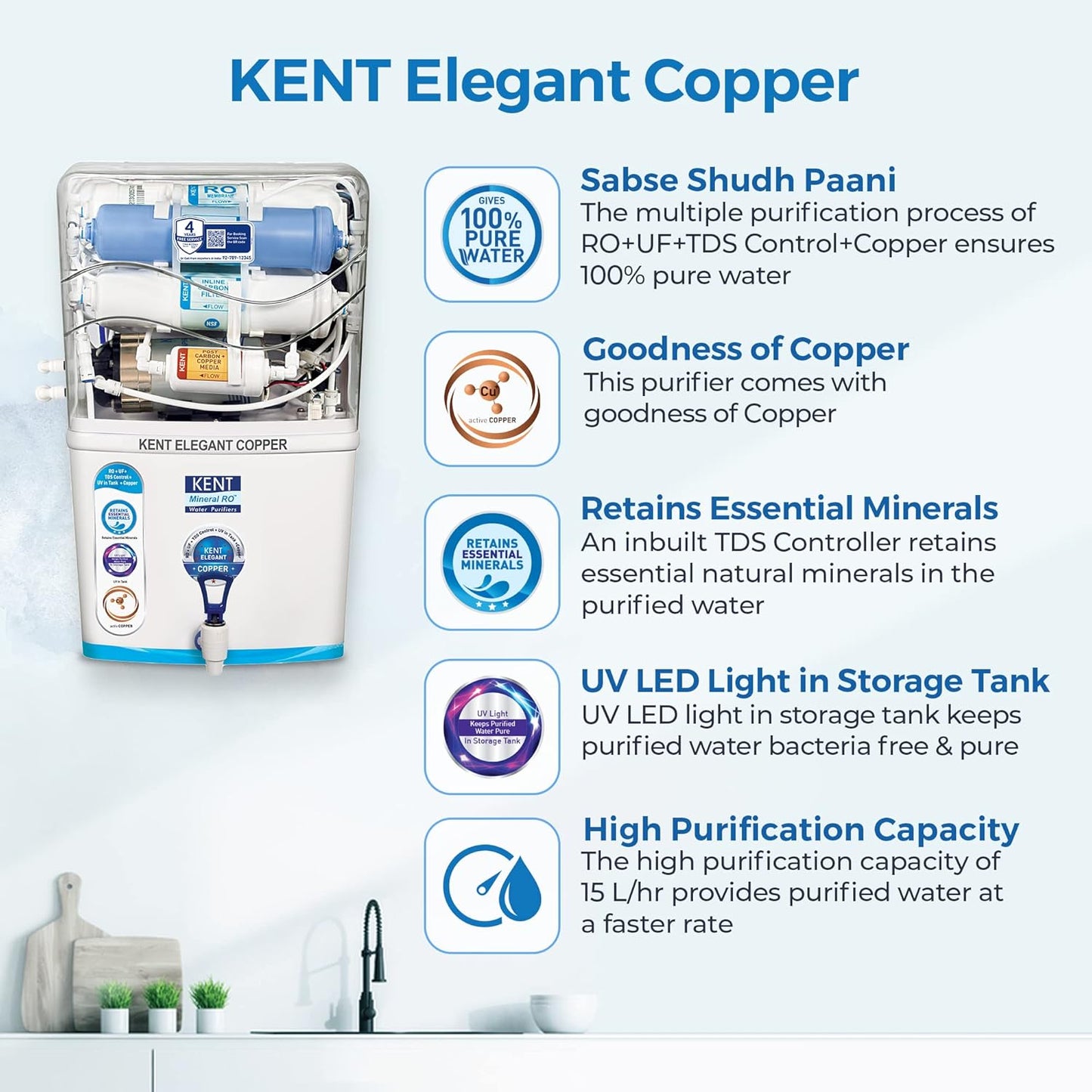 Kent Elegant Copper RO+UF+TDS Controller+UV in Tank+Copper