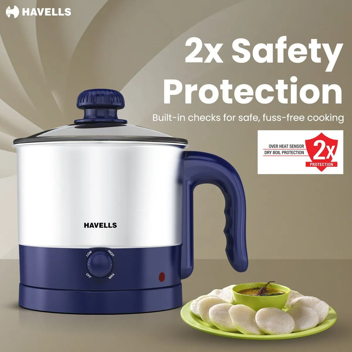 Havells Steamor Multicook Electric Kettle | Egg Boiler, Steamer & Idli Maker | 600 Watts, 1.2L