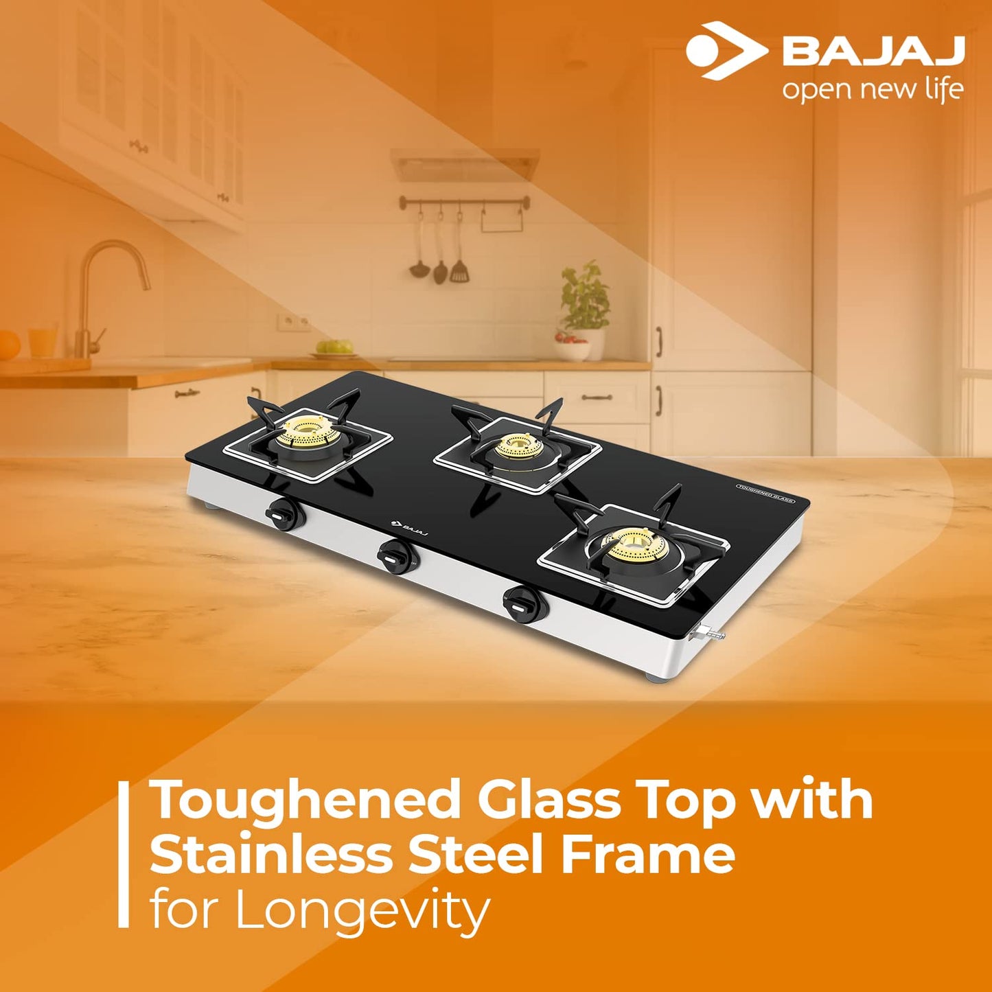 Bajaj Gas Stove Stainless Steel Glass Top 3 Burner 3BJGS7