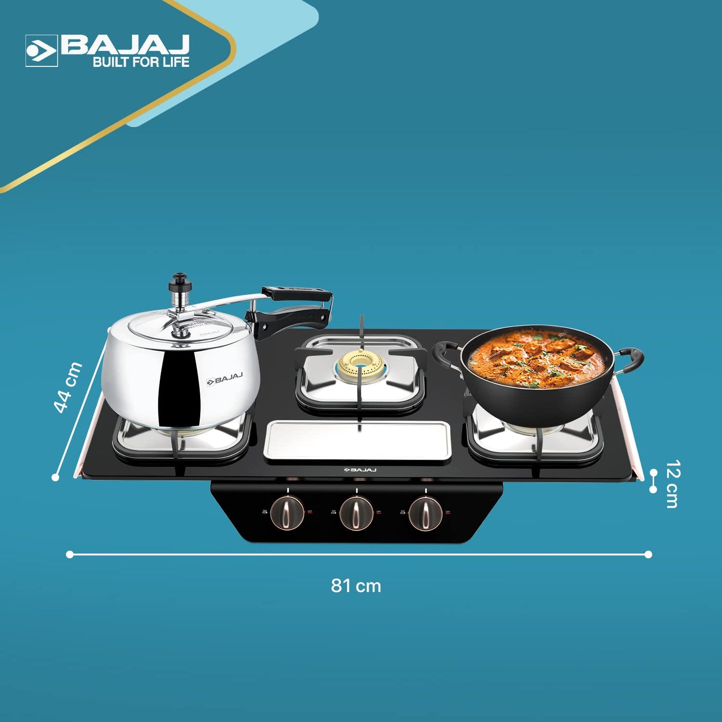 Bajaj Frameless Gas Stove Glass Top with 3 Brass Burners