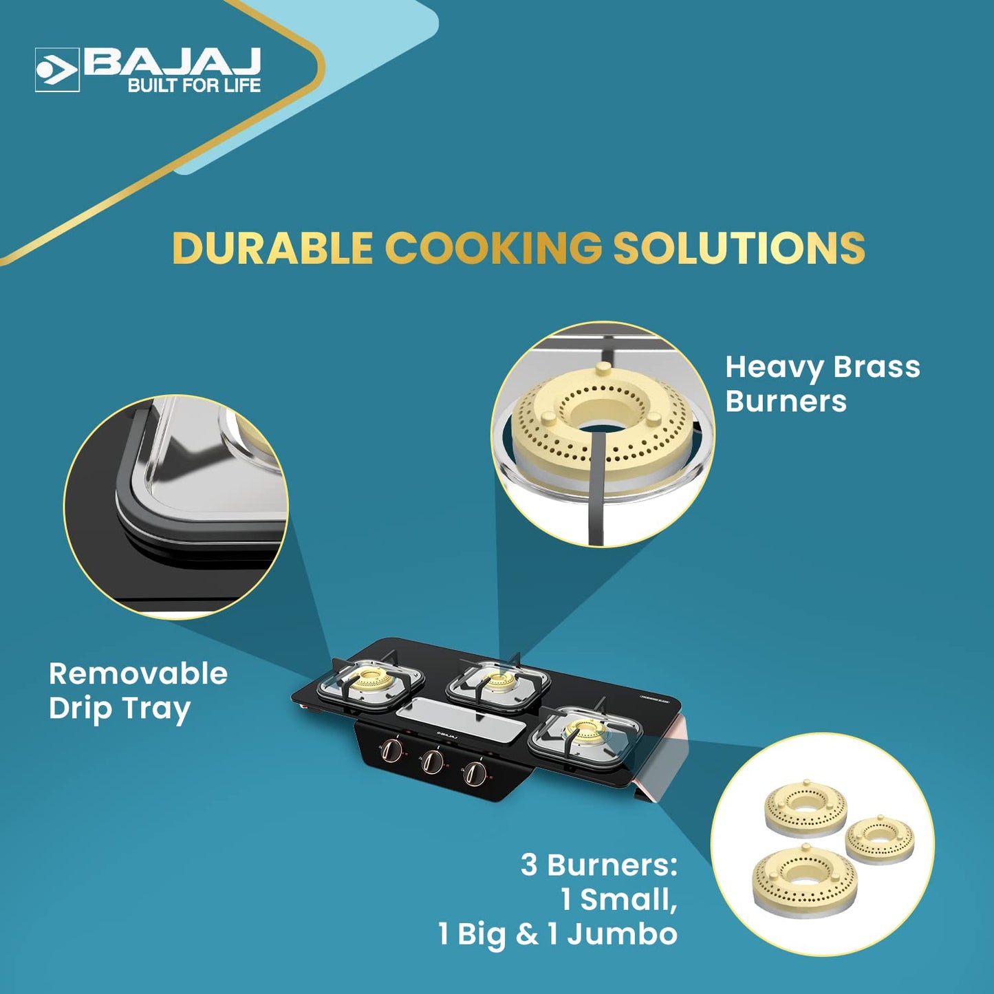 Bajaj Frameless Gas Stove Glass Top with 3 Brass Burners