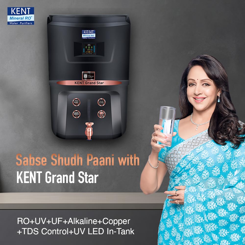 KENT Grand Star RO+UV+UF+TDS+Copper+Alkaline Water Purifier | 9L | 20 LPH | UV-in-Tank | Black