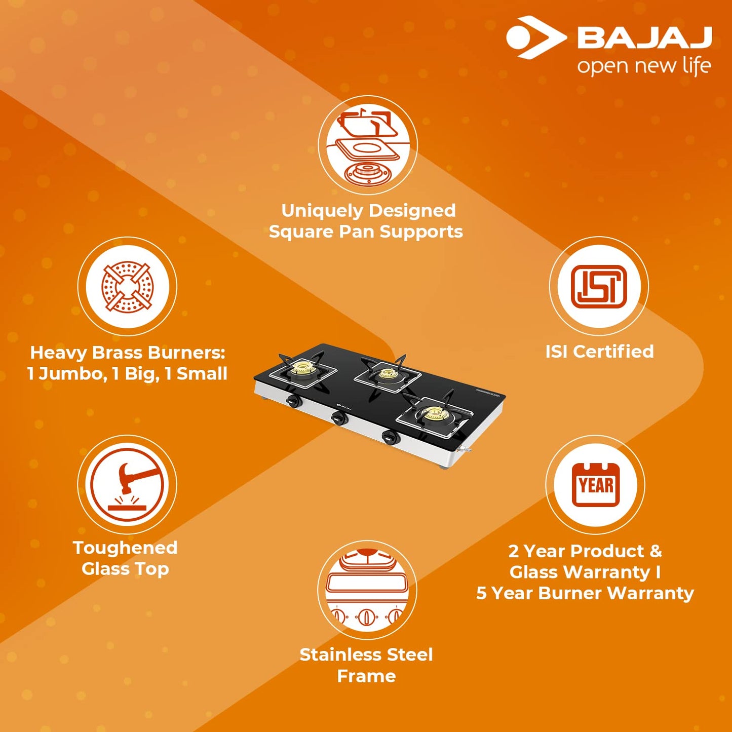 Bajaj Gas Stove Stainless Steel Glass Top 3 Burner 3BJGS7