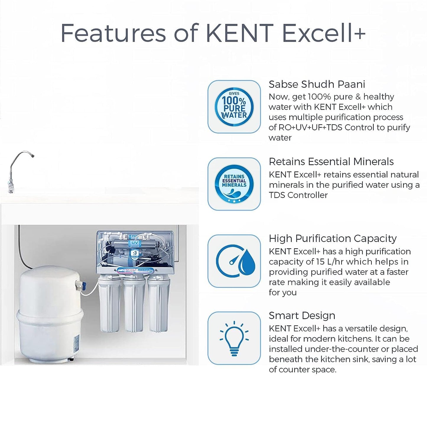 KENT Excel Plus RO Water Purifier RO+UV+UF+TDS Control Under the Counter RO