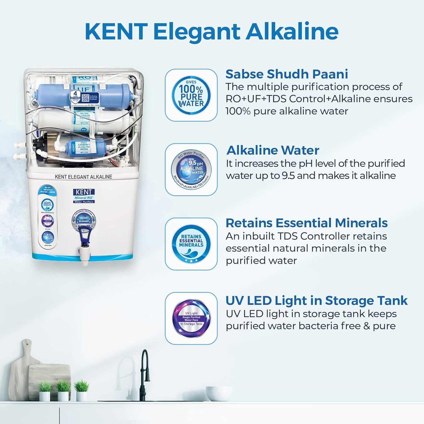 Kent Elegant Alkaline RO+UF+TDS Controller+UV in Tank+Alkaline